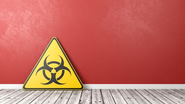 Black and Yellow Epidemic Symbol Warning Triangle on Wooden Floor Against Red Wall with Copy Space 3D Illustration