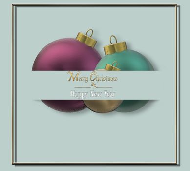 Christmas grunge old style balls baubles on the border of pastel green paper stripe. Place for text, mockup. Text Merry Christmas Happy New Year over green. 3D illustration. Holiday Invitation design