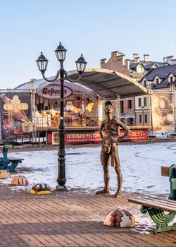 Kamianets-Podilskyi, Ukraine 01.07.2020. Tourist monument on the central street of Kamianets-Podilskyi old town quarter on a sunny winter morning