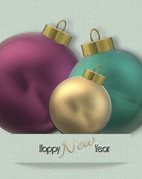 Close up 3D realistic Xmas balls baubles over pastel green. Christmas design for holiday New Year invitation card. 3D render. Text Happy New Year.