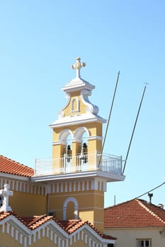 A view of the bell tower of the Church of Panagia Sissiotissa in Argostoli on the Greek Island of Kefalonia.  The church is a Greek Orthodox church.