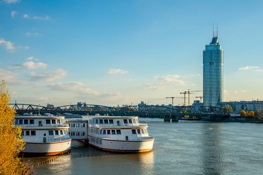 View of Vienna from the bridge on the river Danube.