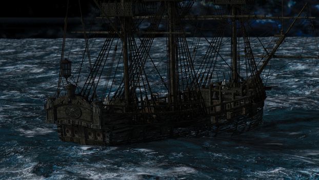 Captain skeleton holding the steering wheel of a ghost sailboat by night time - 3d rendering