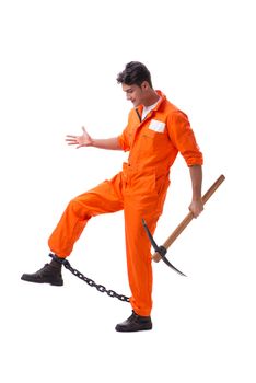 Prisoner with axe isolated on white background