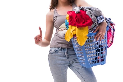Woman with basket of clothing for laundry