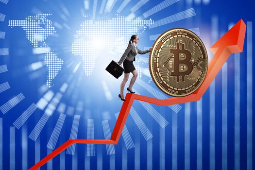 Businesswoman pushing bitcoin in cryptocurrency blockchain concept