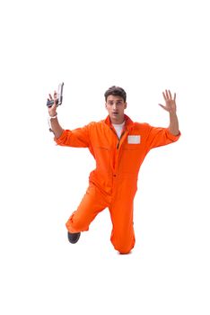 Prisoner with gun isolated on white background