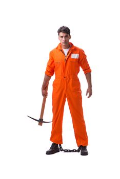 Prisoner with axe isolated on white background