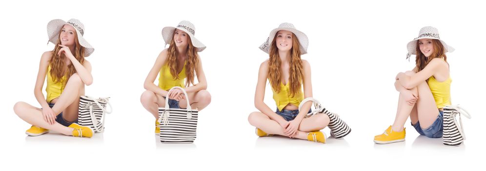 Young girl  with panama and handbag in fashion concepts isolated  on white