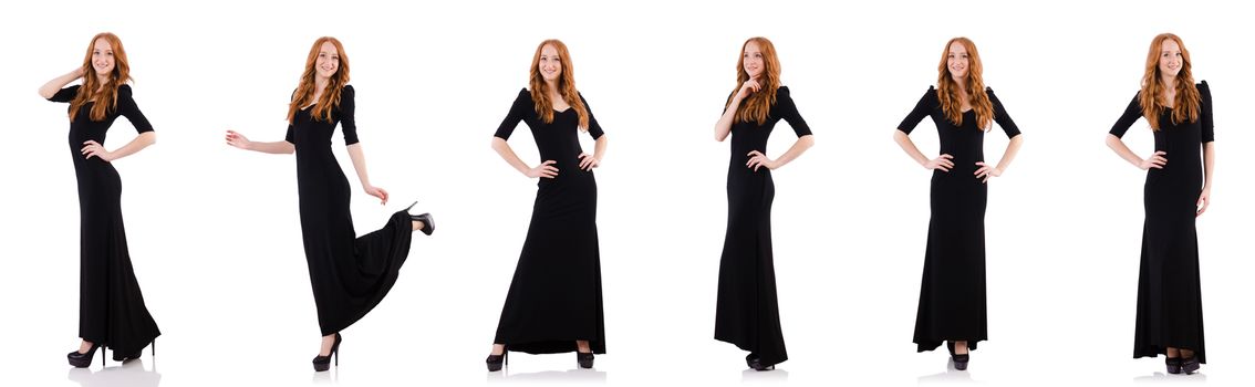 Redhead in black dress isolated on white