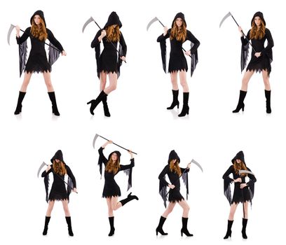 Young witch with scythe isolated on white