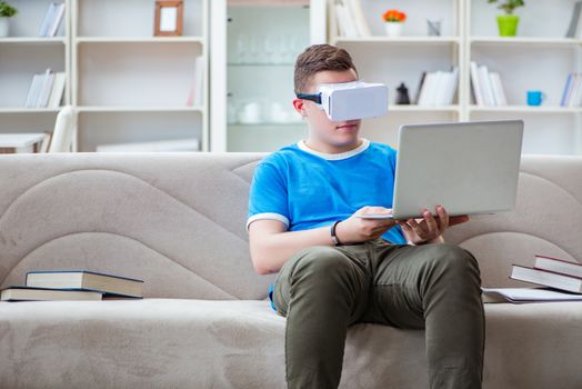 Young man student studying with virtual glasses