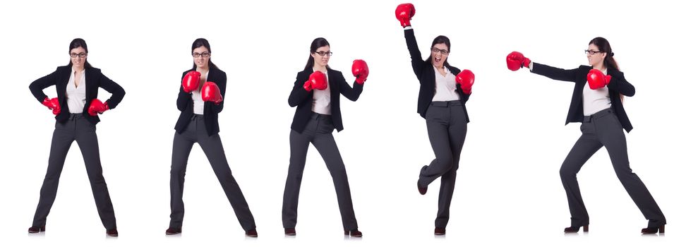 Young boxing businesswoman isolated on white