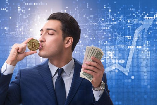 Businessman in bitcoin price increase concept