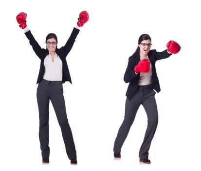 Young boxing businesswoman isolated on white