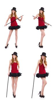 Girl in red polka-dot dress isolated on white