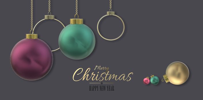 Christmas banner with 3D realistic Xmas balls on dark pastel background. Golden text Merry Christmas Happy New Year. 3D illustration. Horizontal holiday design
