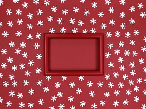 Frame and snowflakes confetti on red background.