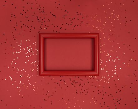 Frame and confetti stars on red background.