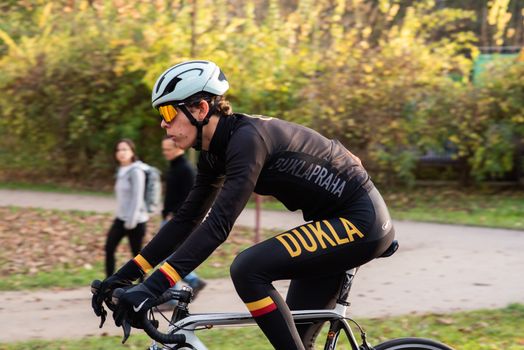 11/14/2020. Park Stromovka. Prague. Czech Republic. A man is riding his bike at the park on a winter da