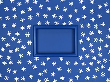 Frame and snowflakes confetti on blue background.