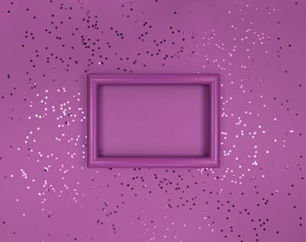 Frame and confetti stars on violet background.