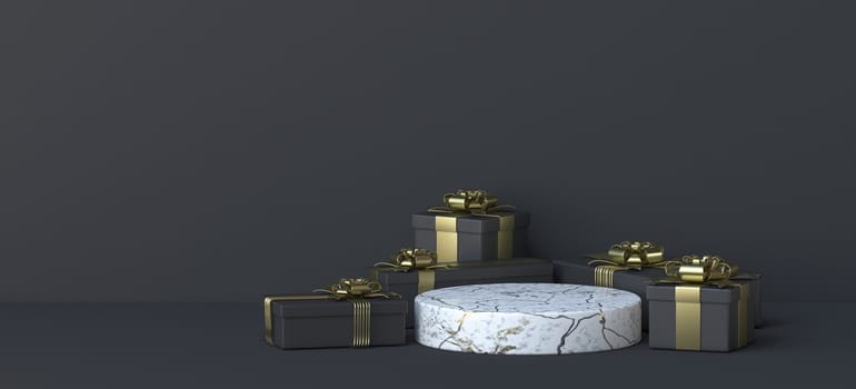Abstract background with marble podium and gift boxes 3D render illustration on black background