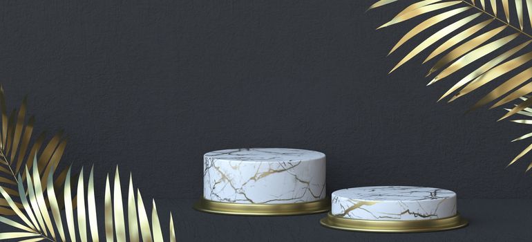 Abstract background with two white marble cylinders and golden tropical leaves 3D render illustration on black background