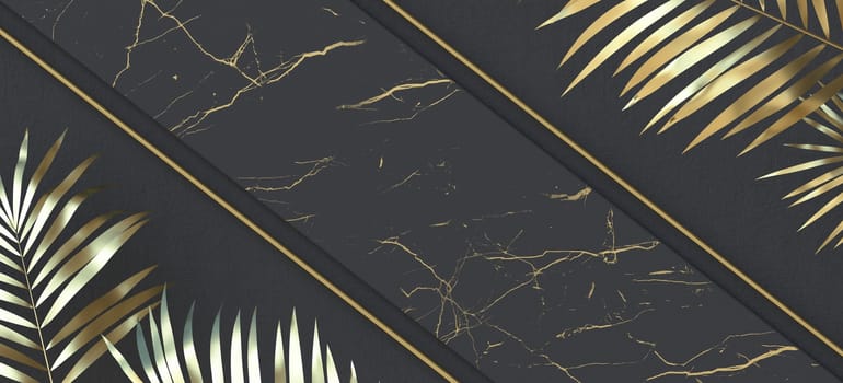 Abstract background with golden tropical leaves 3D render illustration on black background