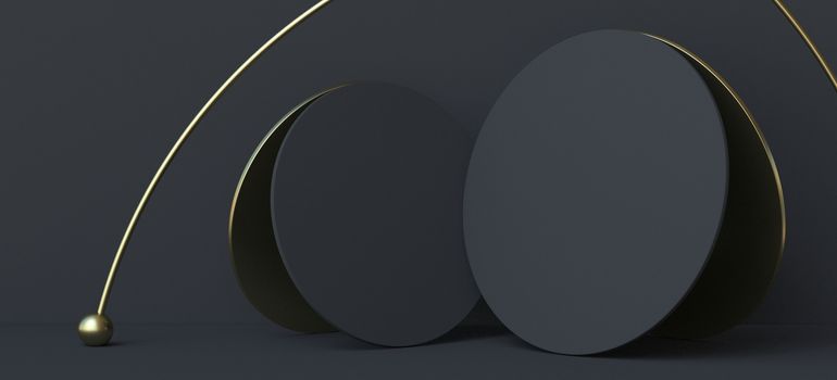Abstract background black circles with golden arc 3D render illustration on black background