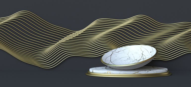 Abstract background with golden lines wave and marble dish 3D render illustration on black background