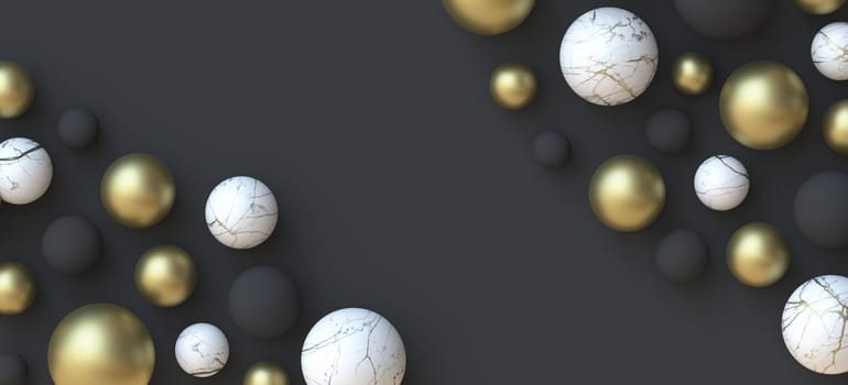 Abstract background made of different material balls 3D render illustration on black background