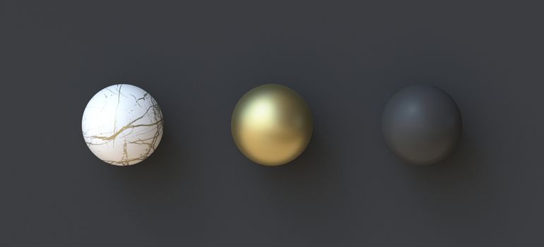 Abstract background marble, golden and black ball 3D render illustration on black background