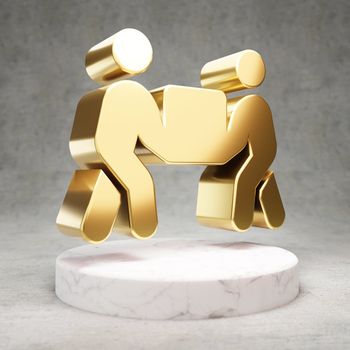 People Carry icon. Gold glossy People Carry symbol on white marble podium. Modern icon for website, social media, presentation, design template element. 3D render.