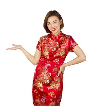 Asian girl poses or present on isolated white background.