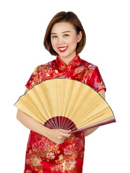 Asian women poses holding fan isolated on white background