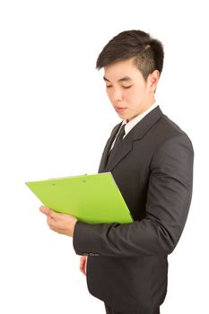 Young Businessman prepare presents on lecture green clipboard isolated on white background.