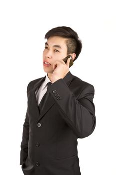 Young Businessman calling by phone. Isolated on white background : Asia