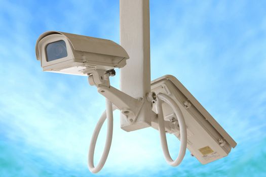 Security twin camera isolated on blue sky background.