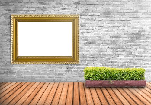 Blank frame bronze vintage on a concrete wall with tree pot on wood floor : Fill photo and text