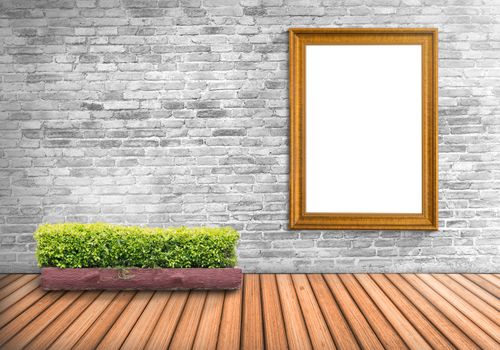Blank frame vintage on a concrete wall with tree pot on wood floor : Fill photo and text