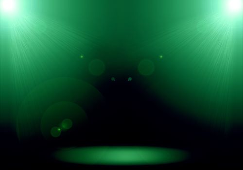 Abstract image of green lighting flare 2 spotlight on the floor stage.