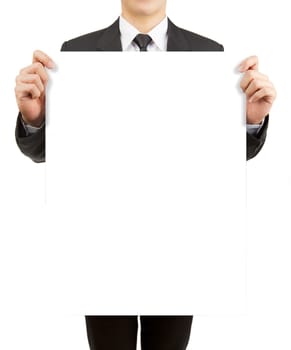 Business man holding blank paper isolated on white background.