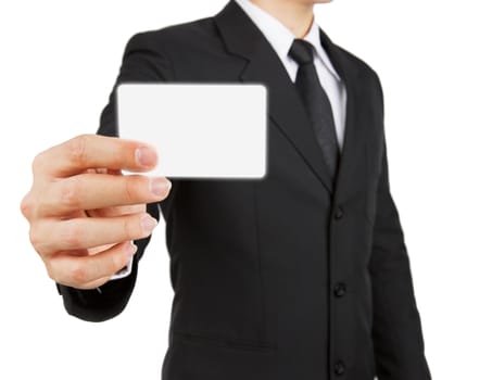 Businessman holding paper or visit card isolated on white background.