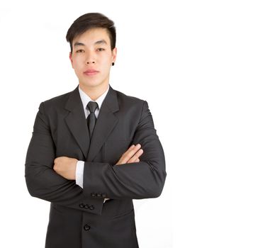 Young Businessman stand fold one's arms isolated on white background : fill text asia