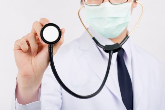 Doctor with a stethoscope in the hand touch monitor.