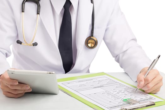 Doctor record history or filling medical form.