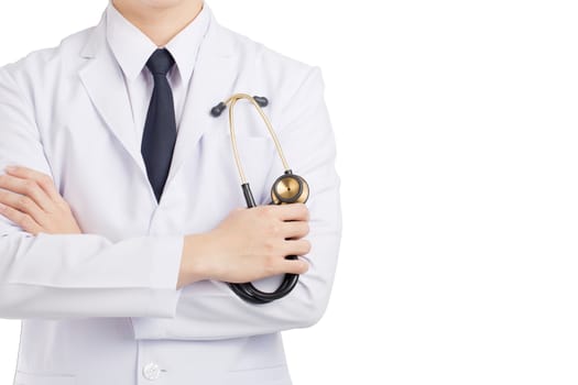 Doctor man posting and holding stethoscope on white background.