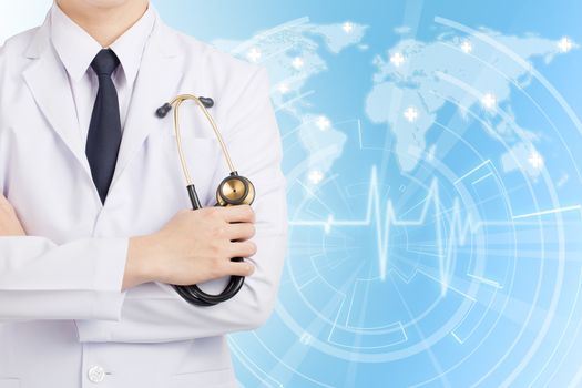 Doctor man posting and holding stethoscope on global network background.