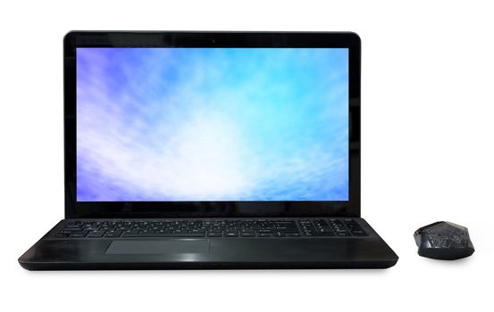 Black Labtop with mouse bluetooth and sky screen  isolated white background.